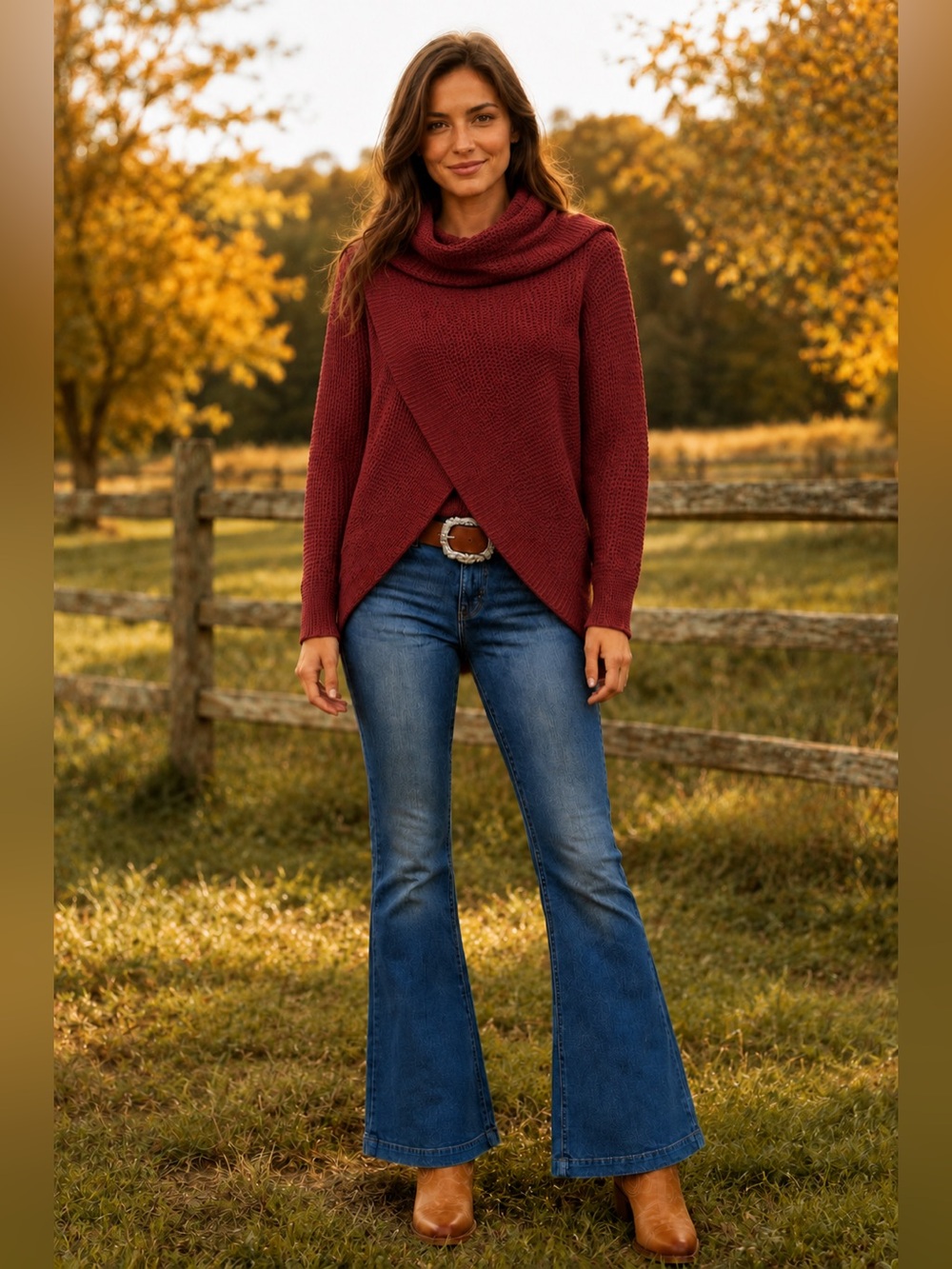 Fever Brick Red with a distinctive layered crossover front with a open tulip hem